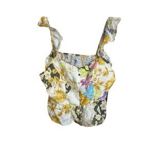 GUESS Women's Yellow Carine Floral-Print Peplum Sleeveless Top Size: M